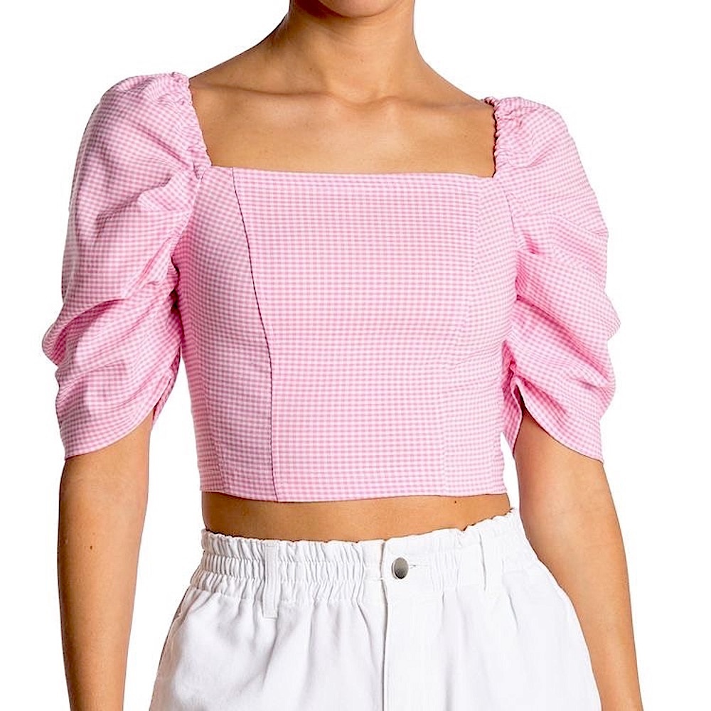 Topshop - Pink Gingham Corset Top with Puff Sleeves